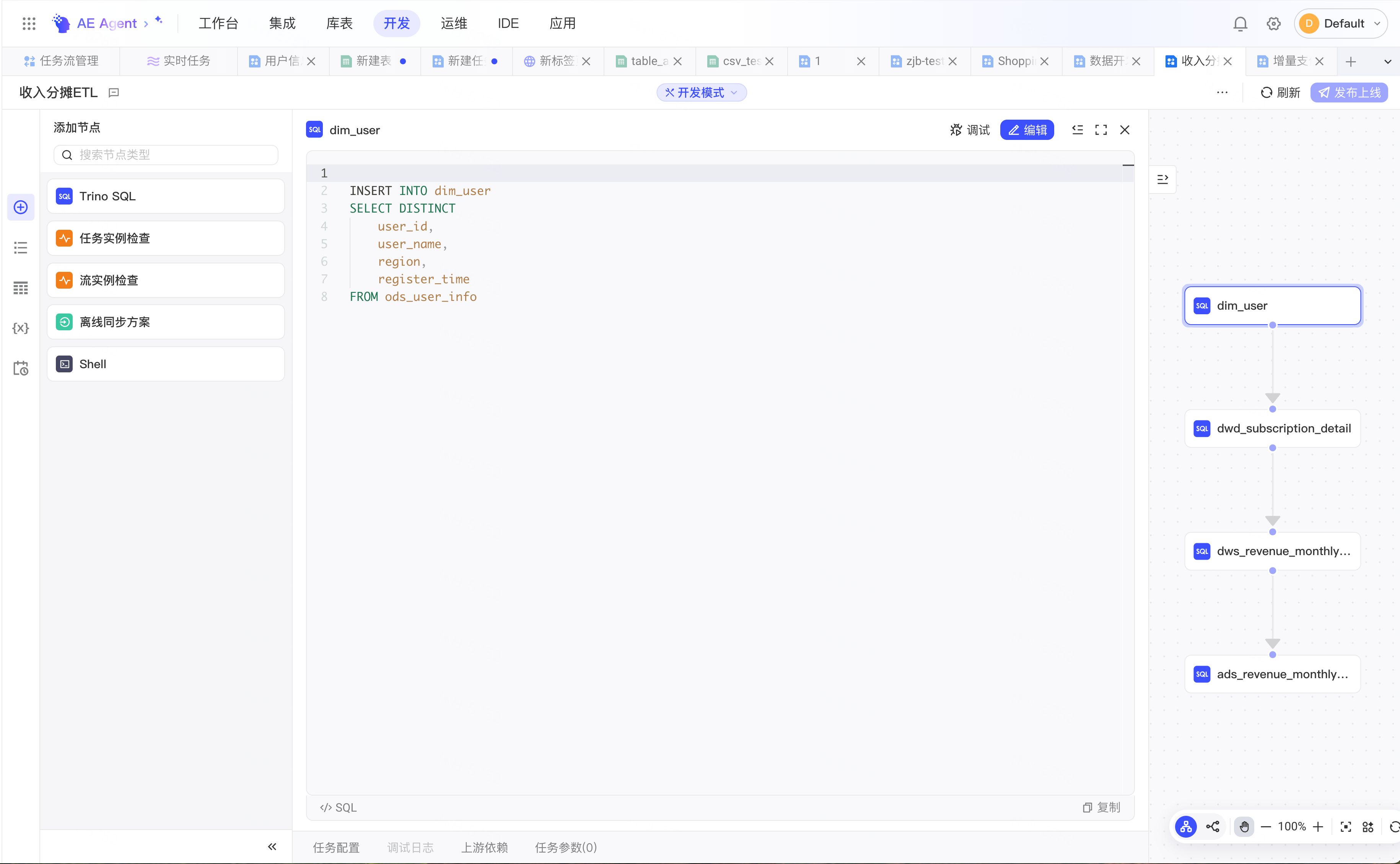 数据开发模式中的 SQL 编辑器、节点库和 DAG 任务流